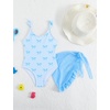 image:imageIDOPIP Girls One Piece Swimsuit with Beach Cover up Wrap Skirt Print Bikini Set 2 Piece Bathing Suit for Kids Swimwear 47TBlue