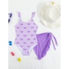 image:imageIDOPIP Girls One Piece Swimsuit with Beach Cover up Wrap Skirt Print Bikini Set 2 Piece Bathing Suit for Kids Swimwear 47TPurple