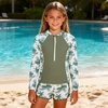 image:imageIDOPIP Girls Rash Guard Swimsuit 2 Piece Long Sleeve Bathing Suit for Kids UV Sun Protection Swimwear Set with Shorts 714YGreen Leaves