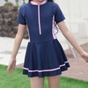 image:imageIDOPIP Girls Short Sleeve Swimsuit Summer One Piece Swim Dress with Boyshorts Beach Rash Guard Bathing Suit Swimming SuitNavy Blue