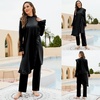 image:imageIDOPIP Muslim Swimsuits for Women with Hijab Islamic Burkini Swimwear Full Cover Long Sleeve Top Pants Dress Bathing SuitsBlack Ruffle