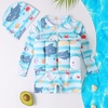 image:imageIDOPIP Toddler Baby Boys Girls Floatation Swimsuit with Adjustable Buoyancy  2PCS Kids Baby Float Suit with Cap Toddler Swim Vest Floating Swimwear Infant One Piece Bathing Suit Swimming BeachwearBlue