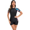 image:imageIDOPIP Women One Piece Rash Guard Swimsuit Surf Bathing Suit Summer Boyleg Swimming Suit Beach Wetsuit UV Protection SwimwearPink Leaf Print