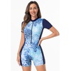 image:imageIDOPIP Women Rash Guard One Piece Swimsuit Bathing Suit Short Sleeve Zipper Rashguard UPF 50 Sun Protection Modest SwimwearBlue Print