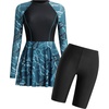 image:imageIDOPIP Women Two Piece Rash Guard Sets Long Sleeve Floral Print UPF50 Swim Dress with Shorts Modest Swimsuit Bathing SuitBlack