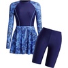 image:imageIDOPIP Women Two Piece Rash Guard Sets Long Sleeve Floral Print UPF50 Swim Dress with Shorts Modest Swimsuit Bathing SuitNavy Blue