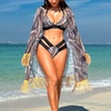 image:imageIDOPIP Womens Bikini 3PCS Set Halter BraTriangle Cutout Shorts  Long Sleeve Cover Up Beachwear Swimsuit Floral Bathing SuitBlack