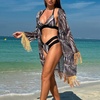 image:imageIDOPIP Womens Bikini 3PCS Set Halter BraTriangle Cutout Shorts  Long Sleeve Cover Up Beachwear Swimsuit Floral Bathing SuitBlack