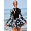image:imageIDOPIP Womens Floral Print One Piece Swimsuit Swim Dress with Shorts Long Sleeve Surfing Rash Guard Two Piece Bathing SuitsBlack  Blue