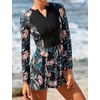 image:imageIDOPIP Womens Floral Print One Piece Swimsuit Swim Dress with Shorts Long Sleeve Surfing Rash Guard Two Piece Bathing SuitsBlack  Blue