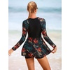 image:imageIDOPIP Womens Floral Print One Piece Swimsuit Swim Dress with Shorts Long Sleeve Surfing Rash Guard Two Piece Bathing SuitsRed