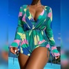 image:imageIDOPIP Womens One Piece Swimsuit Cover up with Bikini Set 3 Piece Swimsuits Printed Halter Bikini Bathing Suit BeachwearGreen 3pcs
