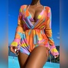 image:imageIDOPIP Womens One Piece Swimsuit Cover up with Bikini Set 3 Piece Swimsuits Printed Halter Bikini Bathing Suit BeachwearOrange 3pcs