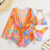 image:imageIDOPIP Womens One Piece Swimsuit Cover up with Bikini Set 3 Piece Swimsuits Printed Halter Bikini Bathing Suit BeachwearOrange 3pcs