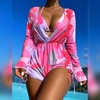 image:imageIDOPIP Womens One Piece Swimsuit Cover up with Bikini Set 3 Piece Swimsuits Printed Halter Bikini Bathing Suit BeachwearPink 3pcs