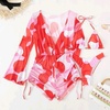 image:imageIDOPIP Womens One Piece Swimsuit Cover up with Bikini Set 3 Piece Swimsuits Printed Halter Bikini Bathing Suit BeachwearRed 3pcs