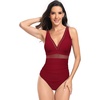 image:imageIDOPIP Womens One Piece Tummy Control Swimsuit Mesh Patchwork Floral Print Swimming Suit Deep V Neck Bathing Suit SwimwearWine