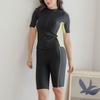 image:imageIDOPIP Womens Rash Guard Sets Color Block Two Piece Swimsuit Bathing Suits UV UPF 50 Swim Shirt with Shorts Bottom SwimwearYellow