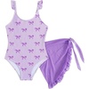 image:imageIDOPIP Girls One Piece Swimsuit with Beach Cover up Wrap Skirt Print Bikini Set 2 Piece Bathing Suit for Kids Swimwear 47TPurple