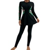 image:imageIDOPIP Muslim Swimsuits for Women Modest Burkini Islamic Arabic Swimwear Full Cover Long Sleeve Rash Guard Pants Bathing SuitBlack  Green Leaves