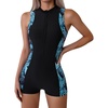 image:imageIDOPIP Women One Piece Boyleg Swimsuit Zip Up Rash Guard Bathing Suit Summer Modest Swimsuit Beach Wetsuit Surf Swimming SuitBlackleaf Print
