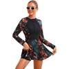 image:imageIDOPIP Womens Floral Print One Piece Swimsuit Swim Dress with Shorts Long Sleeve Surfing Rash Guard Two Piece Bathing SuitsRed