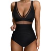 image:imageIDOPIP Womens One Piece Tummy Control Swimsuit Mesh Patchwork Floral Print Swimming Suit Deep V Neck Bathing Suit SwimwearBlack
