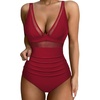 image:imageIDOPIP Womens One Piece Tummy Control Swimsuit Mesh Patchwork Floral Print Swimming Suit Deep V Neck Bathing Suit SwimwearWine