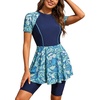 image:imageIDOPIP Womens Rash Guard Set 2 Piece Swimsuit Bathing Suit with Swimdress Shorts Modest Swimwear for Swimming Surfing BeachNavy Blue Floral