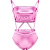 image:imageWomens 2PCS Metallic Shiny Teddy Bodysuit and Bandeau Tube Top Suspender Swimsuit Bikini Set Night Rave Dance CostumePink