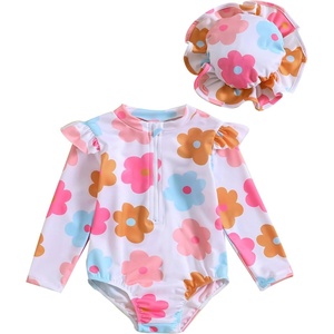 image:imageIDOPIP Baby Girl One Piece Beach Swimsuit Long Sleeve Zipper Ruffle Bathing Suit Swimwear Rashguard Floral Pool Swim SuitHatFlower