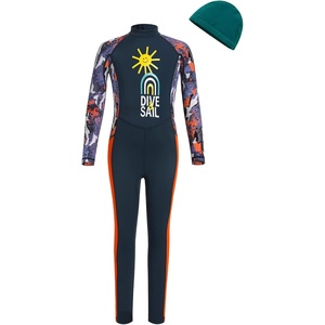 image:imageIDOPIP Kids Boys Girls Color Block One Piece Swimsuit Swimwear Long Sleeve Rash Guard Sunsuit Wetsuit Beachwear Bathing SuitNavy Blue  Orange  Boy