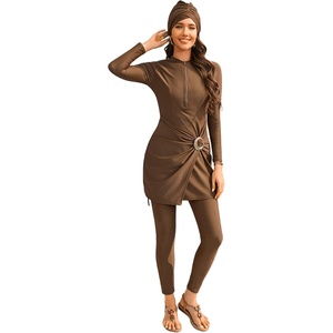 image:imageIDOPIP Muslim Swimsuits for Women Modest Swimwear Rash Guard Bathing Suit  3 Piece Long Sleeve Swimwear Knot Front Swimsuit Shirt  Pants  Hijab Cap Full Coverage Islamic Swim Suit Swimming CostumeBrown