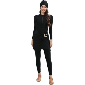 image:imageIDOPIP Muslim Swimsuits for Women Modest Swimwear Rash Guard Bathing Suit  3 Piece Long Sleeve Swimwear Knot Front Swimsuit Shirt  Pants  Hijab Cap Full Coverage Islamic Swim Suit Swimming CostumeBlack