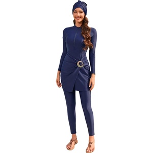 image:imageIDOPIP Muslim Swimsuits for Women Modest Swimwear Rash Guard Bathing Suit  3 Piece Long Sleeve Swimwear Knot Front Swimsuit Shirt  Pants  Hijab Cap Full Coverage Islamic Swim Suit Swimming CostumeNavy Blue