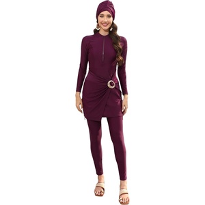 image:imageIDOPIP Muslim Swimsuits for Women Modest Swimwear Rash Guard Bathing Suit  3 Piece Long Sleeve Swimwear Knot Front Swimsuit Shirt  Pants  Hijab Cap Full Coverage Islamic Swim Suit Swimming CostumeWine Red
