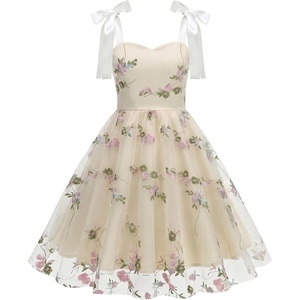 image:imageIDOPIP Embroidery Flower Girl Lace Dress for Kids Straps Floral Tulle GownApricot