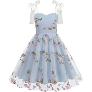 image:imageIDOPIP Embroidery Flower Girl Lace Dress for Kids Straps Floral Tulle GownBlue