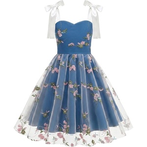 image:imageIDOPIP Embroidery Flower Girl Lace Dress for Kids Straps Floral Tulle GownDark Blue