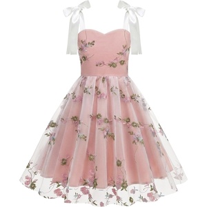 image:imageIDOPIP Embroidery Flower Girl Lace Dress for Kids Straps Floral Tulle GownPink