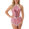 image:imageIDOPIP Women Halter Sequin Fringe Bodysuit Ballroom Latin Dance DressPink