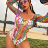 image:imageSexy Rainbow Fishnet Cover up Dress Stretchy Swimsuit for Women Fishnet Bodysuit Sheer Mesh Bodycon Lingerie SleepwearRainbow Bodysuit