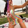 image:imageSexy Rainbow Fishnet Cover up Dress Stretchy Swimsuit for Women Fishnet Bodysuit Sheer Mesh Bodycon Lingerie SleepwearRainbow Hollow Out