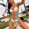 image:imageSexy Rainbow Fishnet Cover up Dress Stretchy Swimsuit for Women Fishnet Bodysuit Sheer Mesh Bodycon Lingerie SleepwearRainbow Hollow Out