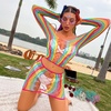 image:imageSexy Rainbow Fishnet Cover up Dress Stretchy Swimsuit for Women Fishnet Bodysuit Sheer Mesh Bodycon Lingerie SleepwearRainbow Long Sleeves