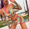 image:imageSexy Rainbow Fishnet Cover up Dress Stretchy Swimsuit for Women Fishnet Bodysuit Sheer Mesh Bodycon Lingerie SleepwearRainbow Long Sleeves