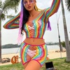 image:imageSexy Rainbow Fishnet Cover up Dress Stretchy Swimsuit for Women Fishnet Bodysuit Sheer Mesh Bodycon Lingerie SleepwearRainbow Long Sleeves