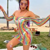 image:imageSexy Rainbow Fishnet Cover up Dress Stretchy Swimsuit for Women Fishnet Bodysuit Sheer Mesh Bodycon Lingerie SleepwearRainbow Off Shoulder