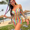 image:imageSexy Rainbow Fishnet Cover up Dress Stretchy Swimsuit for Women Fishnet Bodysuit Sheer Mesh Bodycon Lingerie SleepwearRainbow Off Shoulder