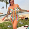 image:imageSexy Rainbow Fishnet Cover up Dress Stretchy Swimsuit for Women Fishnet Bodysuit Sheer Mesh Bodycon Lingerie SleepwearRainbow Off Shoulder